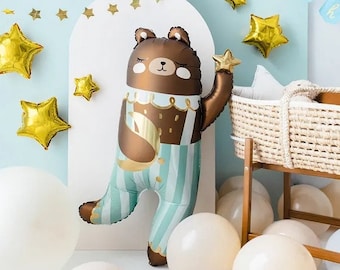 Folieballon dansende teddybeer, blauwbruine beer, beerballon, welkomstbabyballon, ballon babyjongen, babyshower, ballon 1e verjaardag