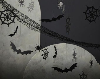 Halloween Web Backdrop with Spiders and Bats, Spiderweb Halloween Bunting, Halloween Decorations, Hanging Spider, Halloween Party, Spiderweb