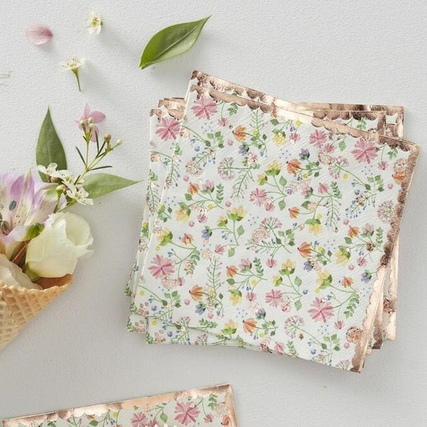 16 Lovely Floral Paper Napkins, Rose Gold Flower Print Napkins, Tea Party Napkins, Flower Napkins, Spring Napkins, Floral Table, Napkins