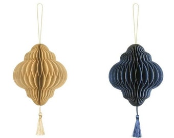 Luxurious Paper Honeycomb Ornament Drop, Navy Blue, 2 Colours, Christmas Lantern Honeycomb with Tassel, Hanging Festive Honeycomb Decoration