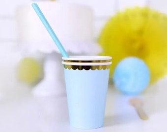 6 Pastel Blue Paper Cups - Pastel Paper Cups- Blue and Gold Edge- Pastel Party Decorations - Birthday - Baby Shower - First Birthday, Boy