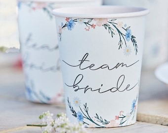 Boho Team Bride Paper Cups, Eco-Friendly, Floral Hen Do Cups, Pretty Bridal Shower Cups, Team Bride Tableware, Flowery Bridal Shower