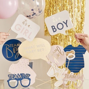 Cute Gender Reveal Photo Props, Gold Foiled Gender Reveal Party Props, Pink and Blue Baby Shower, Team Boy, Team Girl, Baby Shower Props