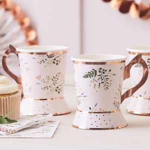 Impresionantes tazas para la fiesta del té de la tarde, vasos de papel para la fiesta del té, vajilla para la fiesta del té, tazas con flores, vasos de papel con flores, Let's Partea, la hora del té