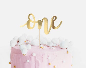 Gold &#39;One&#39; Cake Topper, First Birthday Cake Topper, Gold &#39;One&#39; Script Cake Decoration, 1st Birthday Cake Decoration, Gold Birthday Topper
