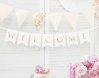 White and Gold 'Welcome' Banner, Welcome Bunting, Wedding Welcome Banner, Wedding Decorations, Bunting, White and Gold Wedding Deco