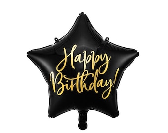 Black and Gold 'Happy Birthday' Balloon, 40cm/16in, Star Birthday Balloon, Foil Balloon, 20s Themed Birthday, Black and Gold Party Decor