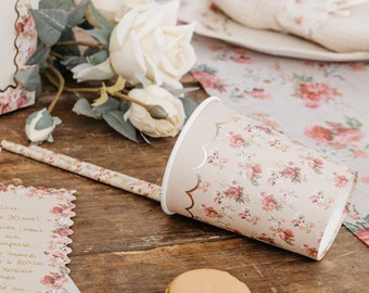 8 Liberty Vintage Floral Paper Cups, 255ml, Pink Gold Flower Print Cups, Tea Party Cups, Floral Print Cups, Spring Cups, Floral Table Decor