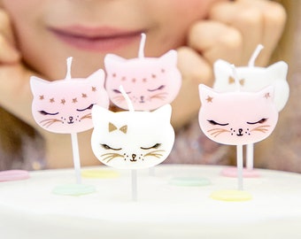 6 Cat Cake Candles. Cat Birthday Candles, Pink and White Cat Candles, Cat Cake Topper, Cake Decorations, Kids Party Candles, Pink Candles