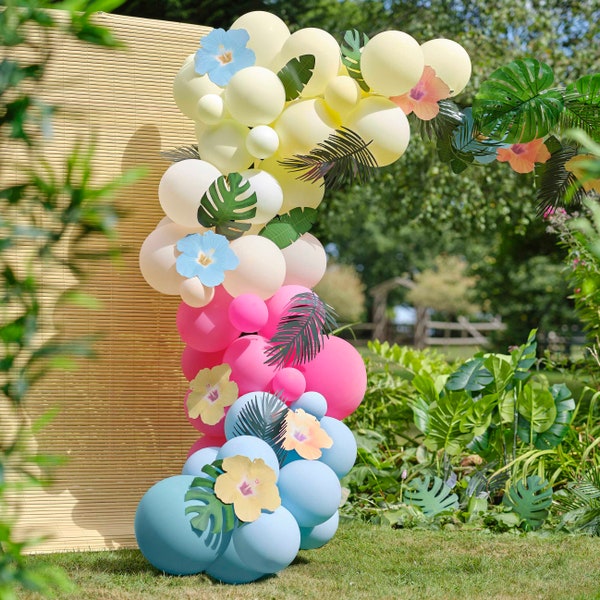 Blue, Pink, Green & Yellow Hawaiian Tiki Balloon Arch with Tropical Flowers and Foliage, Balloon Garland, Tropical Theme, Hawaiian Party