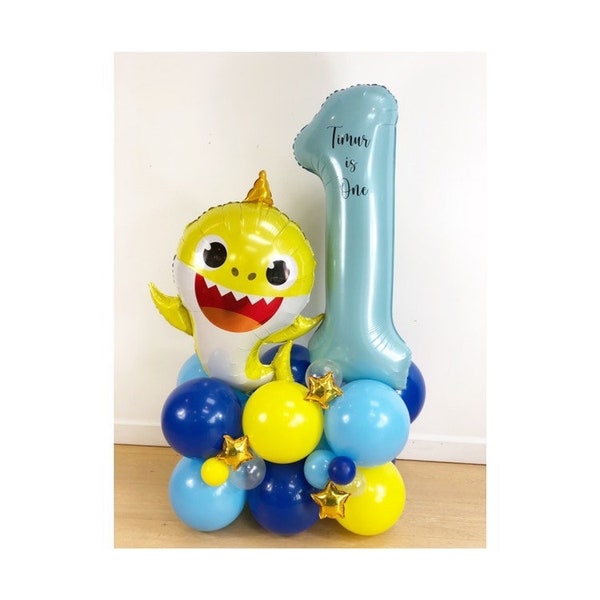 Escultura de globo de tiburón bebé grande DIY, pila de globo de tiburón bebé de oro azul amarillo, globos de tiburón bebé, pila de globo de cumpleaños de tiburón bebé