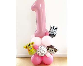 DIY Large 55" Pink Balloon Sculpture, Cute Safari Animal Balloon, DIY Kit, No helium required, 1st birthday, Number Balloon, Pink Safari