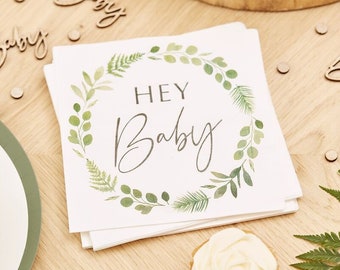 Hey Baby Napkins, Botanical Baby Napkins, White and Green Baby Napkins, Baby Shower Napkins, Gender Neutral, Gender Reveal Napkins