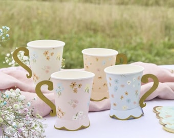 8 Floral Tea Party Paper Cups, Tea Party Paper Cups, Tea Party Tableware, Floral Cups, Flowery Paper Cups, Let's Partea, Tea Time
