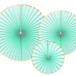 Pastel Green Paper Fans - Luxurious Paper Fans  - Mint and Gold - 3 in each pack - Party Wall Decoration - Pinwheel - Fan Decor Kit