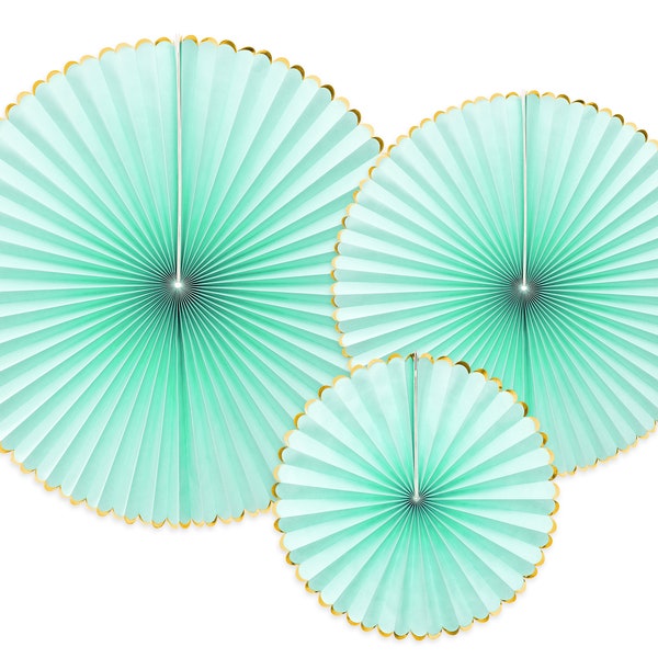 Pastel Green Paper Fans - Luxurious Paper Fans  - Mint and Gold - 3 in each pack - Party Wall Decoration - Pinwheel - Fan Decor Kit