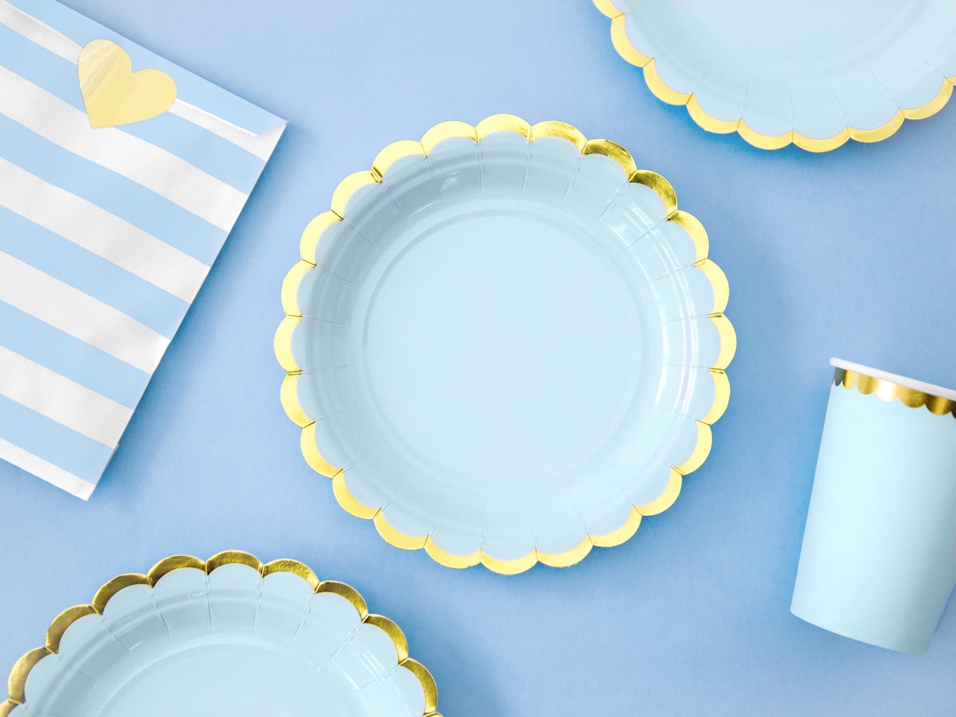 6 Pastel Blue Paper Plates, Pastel Paper Plates, Blue and Gold, Pastel