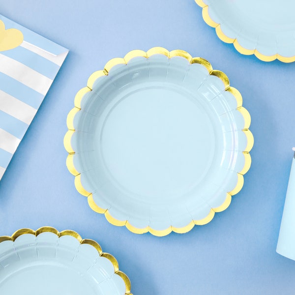 6 platos de papel azul pastel, platos de papel pastel, azul y dorado, decoraciones de fiesta pastel, cumpleaños, baby shower, primer cumpleaños, niño