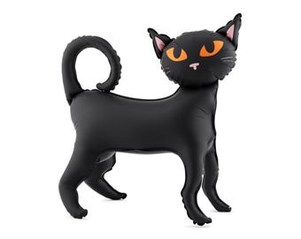 May include: A black cat-shaped foil balloon featuring bright orange almond-shaped eyes, a small pink nose, and pointed ears with pink inner details. The balloon is depicted in a standing position with a curved tail, smooth surface, and defined seams.