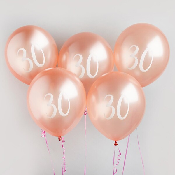 Rose Gold 30th Birthday Balloons, Pack of 5, Rose Gold '30' Latex Balloon, 30th Birthday Decorations, 30th Balloons, Girls 30th, 30th Party