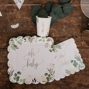 Piatti Oh Baby adorabili, piatti di carta per bambini con motivi botanici, piatti per bambini bianchi e verdi, piatti per baby shower, piatti neutri per il genere, baby shower naturale