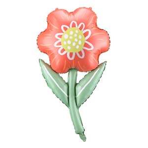 May include: A red and green foil balloon shaped like a flower with a white and yellow center. The balloon is inflated and ready to be used for a party or celebration.