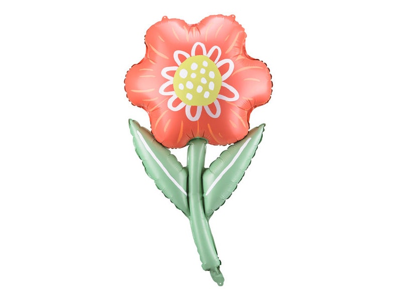 May include: A red and green foil balloon shaped like a flower with a white and yellow center. The balloon is inflated and ready to be used for a party or celebration.