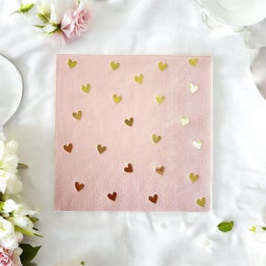 20 Pink Small Cocktail Paper Napkins with Gold Hearts, High Quality, 3 ply, 24cm x 24cm (9.5in)