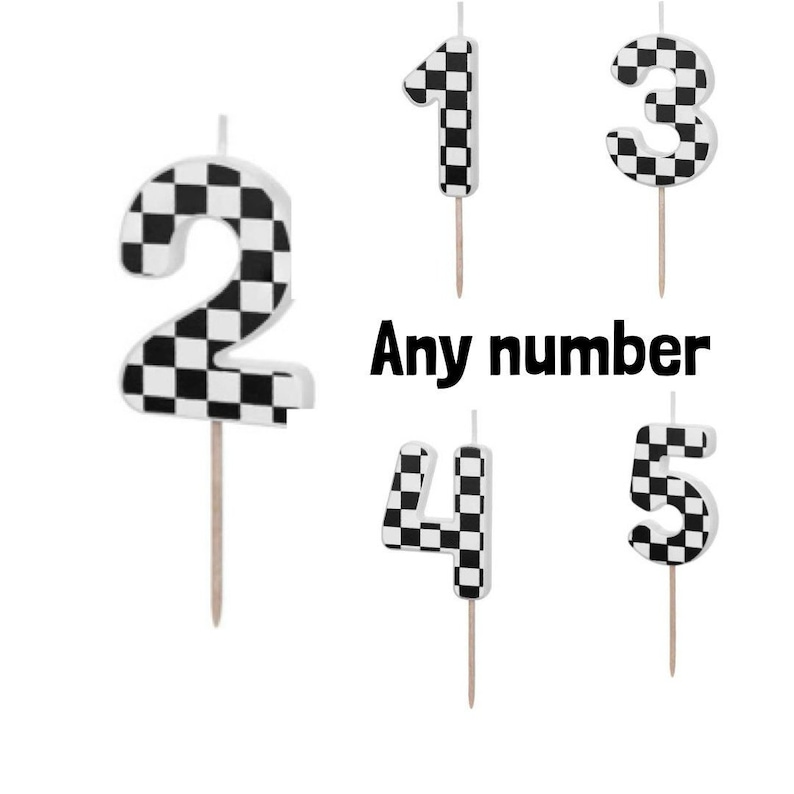 May include: Set of five black and white checkered birthday candles shaped like the numbers 1, 2, 3, 4, and 5.  "Any number" is written below the candles.