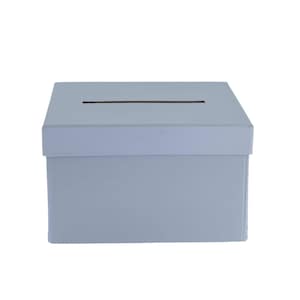 May include: A light blue, rectangular ballot box with a slot on the top. The box is made of a sturdy material and has a simple, clean design. The box is suitable for collecting ballots or suggestions.