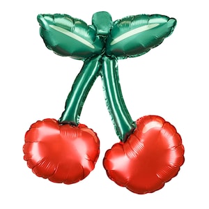 Puede incluir: Dos globos rojos en forma de cereza con tallos de hojas verdes. Los globos están inflados y tienen un acabado brillante.