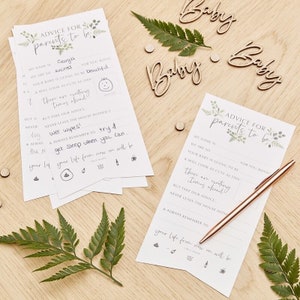 Botanische advieskaarten babyshower, gastenadvieskaarten babyshower, natuurlijke babyshower, babyshowercadeau, gastspel babyshower, Hey baby
