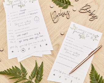 Botanische advieskaarten babyshower, gastenadvieskaarten babyshower, natuurlijke babyshower, babyshowercadeau, gastspel babyshower, Hey baby