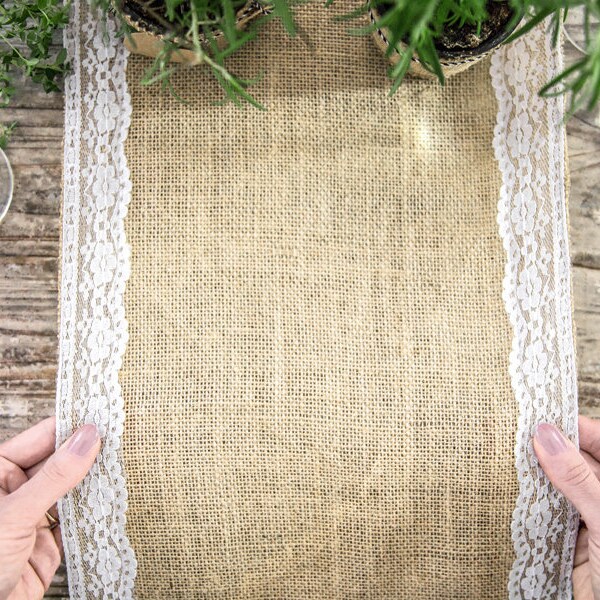 Long Lace and Burlap Table Runner, 2.75m, Lace Table Runner, Jute Table Runner, Burlap Wedding Decor, Wedding Table Decor, Rustic Wedding