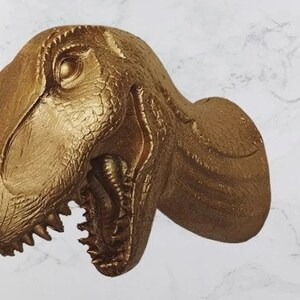 May include: A gold-coloured Tyrannosaurus Rex head sculpture with detailed texture and open mouth, showcasing sharp teeth. The sculpture is mounted on a wall, adding a touch of prehistoric decor.