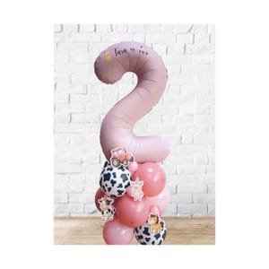 May include: A pink number two balloon with the text "Tara is two" on top of a cluster of pink and cow-print balloons. The balloons are decorated with farm animal stickers, including a tractor, cow, pig, and horse. The balloon arrangement is for a birthday.