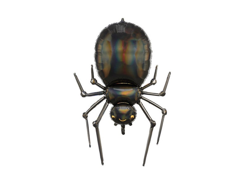 May include: A black and iridescent foil balloon spider with a smiling face. The spider has eight legs and is inflated.