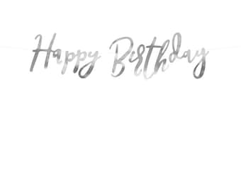 Silver Happy Birthday Banner, 16.5cm x 62cm, Silver Birthday Banner, Mirror Silver Paper, Happy Birthday Banner