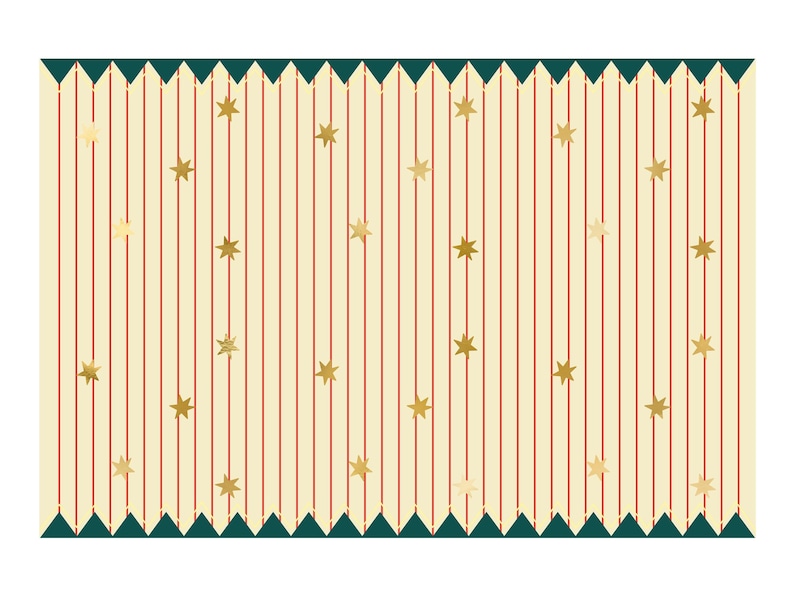Op de afbeelding: Een rechthoekig patroon met verticale rode strepen op een cr&egrave;mekleurige achtergrond, versierd met gouden sterren. De boven- en onderranden hebben een donkergroene zigzagrand. Geschikt voor decoratieve toepassingen.
