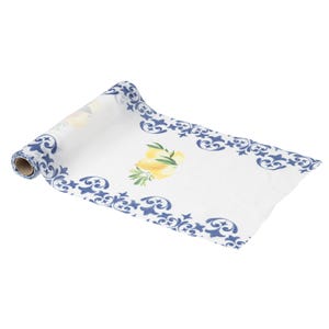 Runner da tavolo in tessuto morbido Dolce Vita bianco, runner da tavolo a tema limone, 28 cm x 5 m, runner da tavolo mediterraneo, runner da tavolo a tema estivo