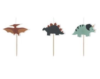 3 dinosaurustaartkaarsen, dinosaurustaartkaarsen, dinosauruskaarsen, kinderkaarsen, dinosaurustaarttopper, taartdecoraties, kaarsen kinderfeestje, dinosaurusthema, dinosaurusthema