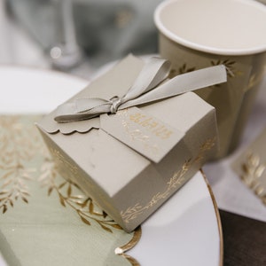 10 Sage Green and Gold Leaves Print Treat Boxes, Sage Coloured Thank You Boxes, Sage Green Favour Boxes, 7 x 3.5 cm. Sage Green Paper Boxes