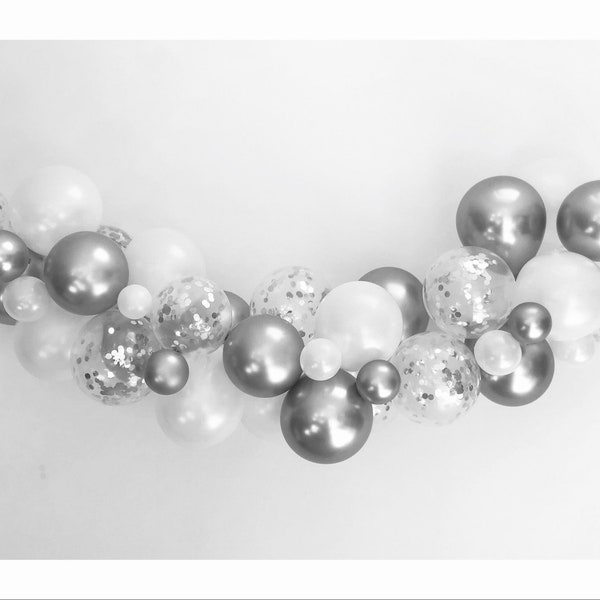 Elegant silver and White Balloon Garland Kit - Silver Confetti Balloons - DIY - Wedding Decor - Silver Birthday - Anniversary