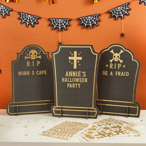 3 Customisable Gravestone  Signs With X5 Gold Sticker Sheets, Tombstone Signs, Halloween Decor, Halloween Party, Halloween Signs, Halloween