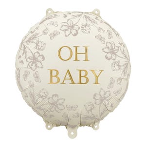 May include: White round balloon with a floral pattern and the text "OH BABY" in gold lettering.