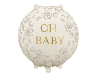 Oh Baby Foil Balloon, 35x35 cm, Neutral Floral Baby Balloon, Baby Shower Balloons, 1st Birthday, Beige and Gold Balloon, Neutral Baby Shower