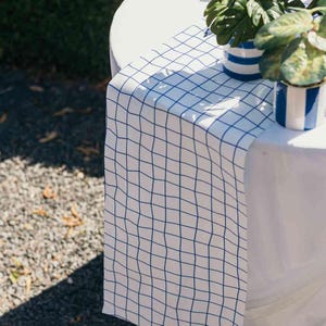 May include: A white table runner with a blue grid pattern is draped over a white table. Two small potted plants with green leaves sit on the table. The pots are white with blue stripes.