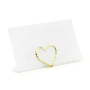 10 porta-cartões dourados em forma de coração, porta-cartões de metal dourado, cartões de casamento, porta-números de mesa dourado, porta-cartões de lugar