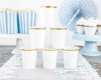 6 White and Gold Paper Cups, White Paper Cups, White Gold Foiled Paper Cups, White and Gold Tableware - White and Gold Cups