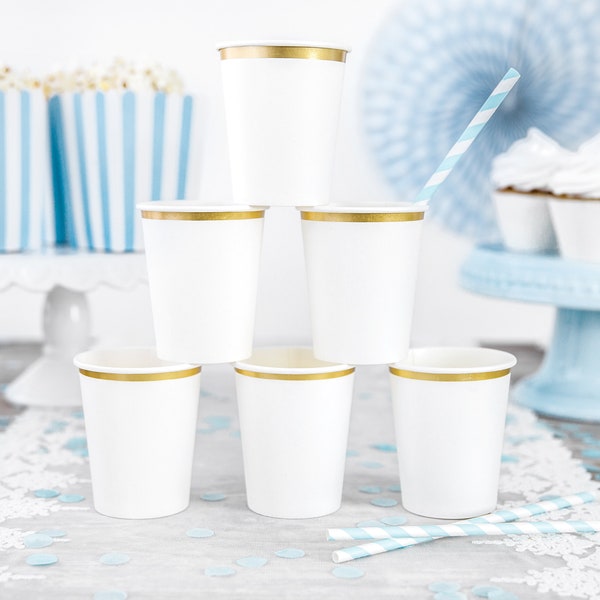 6 White and Gold Paper Cups, White Paper Cups, White Gold Foiled Paper Cups, White and Gold Tableware - White and Gold Cups
